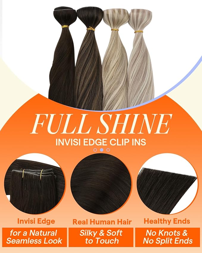 Full Shine Invisi Edge Clip in Hair Extensions Dark Brown Invisi Edge Seamless Human Hair Clip ins Injected Clip ins Add Volume for Long Hair 22 Inch 6 PCS 120G