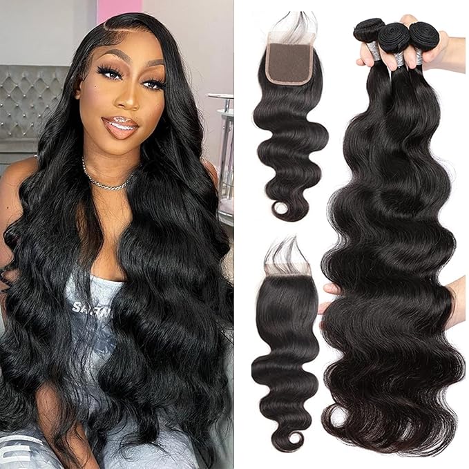 Body Wave Bundles With Lace Closure Brazilian Human Hair Body Wave 3 Bundles With Closure 100% Unprocessed Virgin Human Hair Bundles with 4X4 Free Part Lace Closure