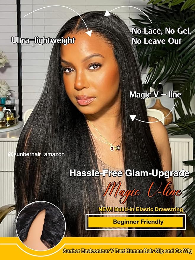 Sunber EasiContour Yaki Straight V Part Human Hair Glueless Wigs with Drawstring No Leave Out No Gel 180% Density Vpart light yaki straight Clip In Half Wigs No Leave Out Real Scalp V Shape 14Inch
