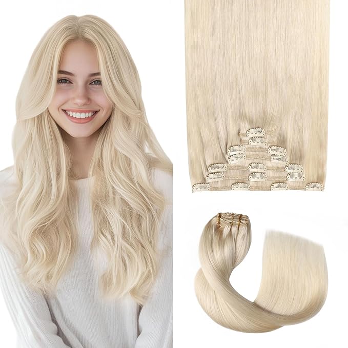 Pro2.0 Clip in Hair Extensions Real Human Hair 22inch 7pcs #60 Platinum Blonde Remy Real Hair Extensions Clip in Human Hair 120g Thick Double Weft for Women（#60-22inch）