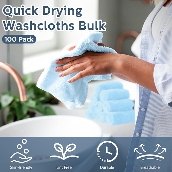 Newwiee 100 Count Washcloths Quick Drying Bathroom Wash Clothes 12 x 12 Inch Face Towels Microfiber Soft Wash Rags Bulk for Your Face and Body Facial Towels for Spa Fingertip Towel (Light Blue)