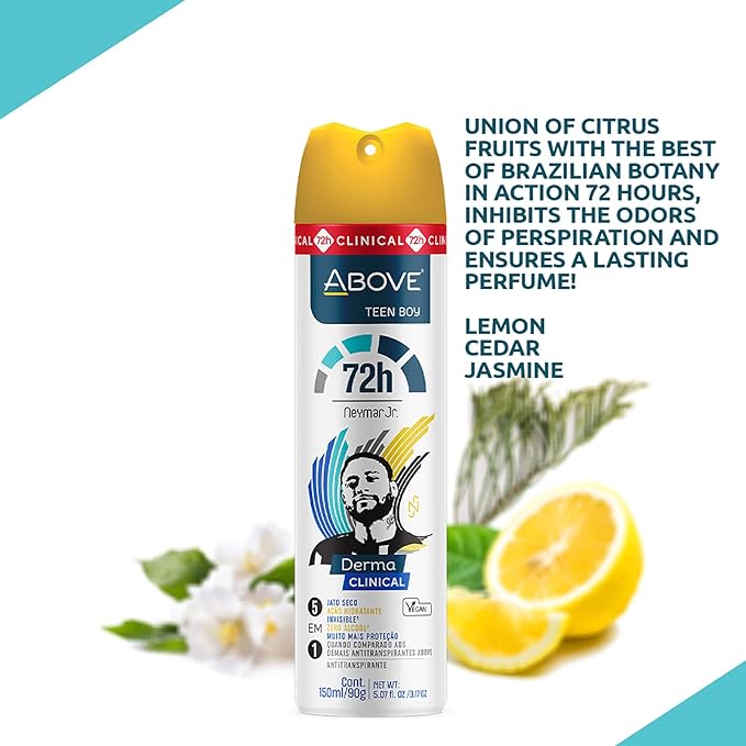 ABOVE Neymar Jr Teen Boy - 72H Antiperspirant Spray Deodorant for Men 5.07 Fl Oz | Aluminum-Free | Fresh Mist, No Stain & Alcohol, Long-Lasting Men's Deodorant Spray | Lemon, Cedar, Jasmine