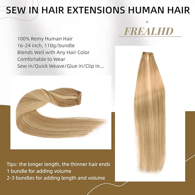 Sew in Hair Extensions Real Human Hair, 110g 18 inch Ash Blonde Highlighted 613 Bleach Blonde Human Hair Weave Extensions Remy Straight Bundles Double Weft