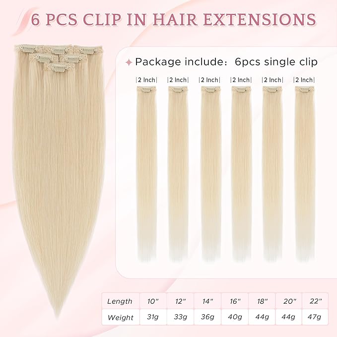 SEGO Single Clip In Hair Extensions Real Human Hair 6 Pcs Individual Clip Ins Remy Straight Soft Seamless Hairpieces for Women /16 Inch #60 Platinum Blonde
