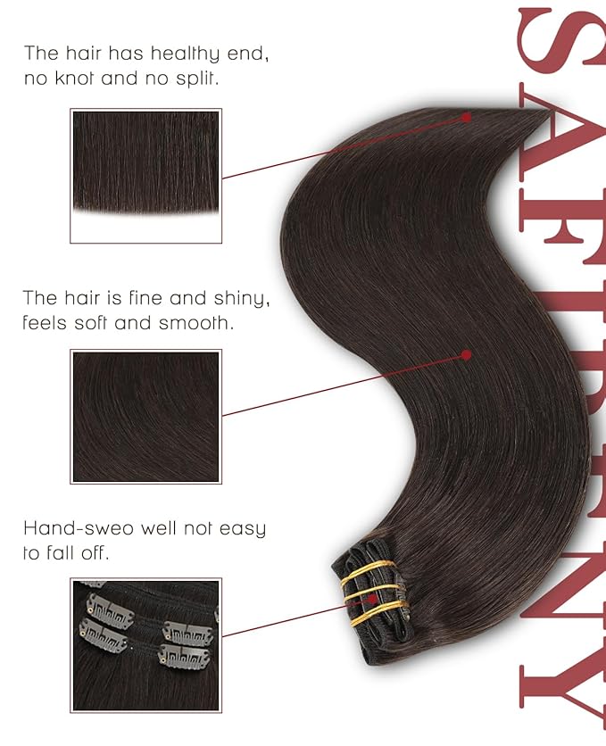Clip In Hair Extensions Real Human Hair, 14inch 140g 7pcs Extensions Dark Brown Hair for Women, Straight Hair Clips Ins (#2-14inch)
