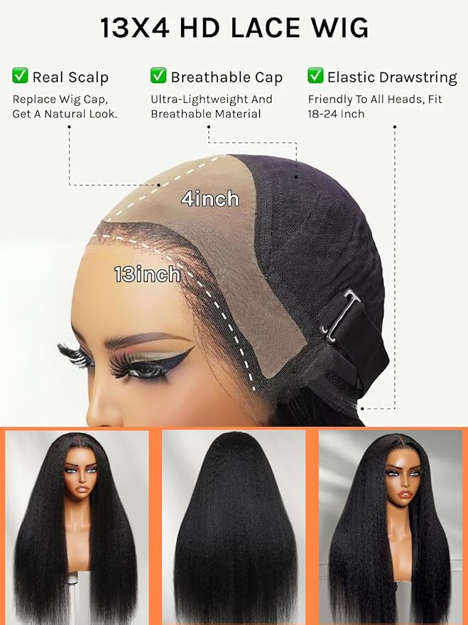 Julia Hair 13x4 HD Real Scalp™ Wig Invisible Pre Everything Lace Frontal Kinky Straight Wig Glueless With Invisi Drawstring Pre Plucked Pre Cut Natural Black Wigs for Women Put On and Go 18 Inch