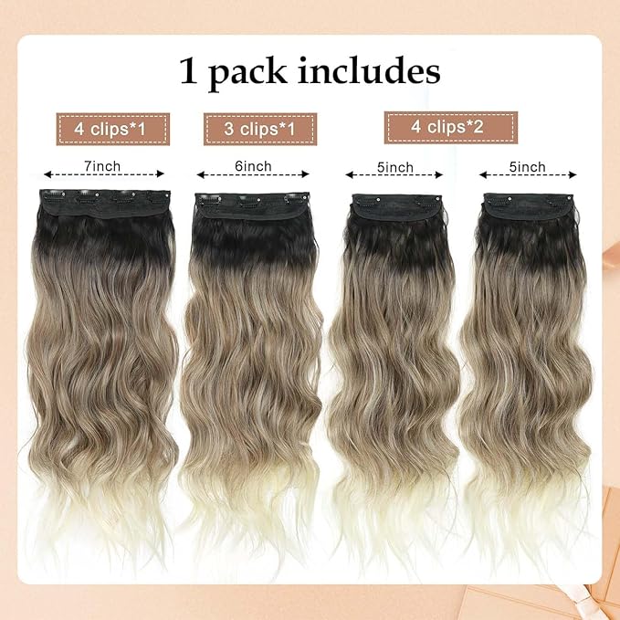 20 Inch Clip in Hair Extensions 4PCS Long Wavy Curly Hair Extensions Thick Hairpieces for Women Synthetic Hair Extension Clip ins Double Weft Hairpieces Full Head for Women (T27/613, 20INCH)