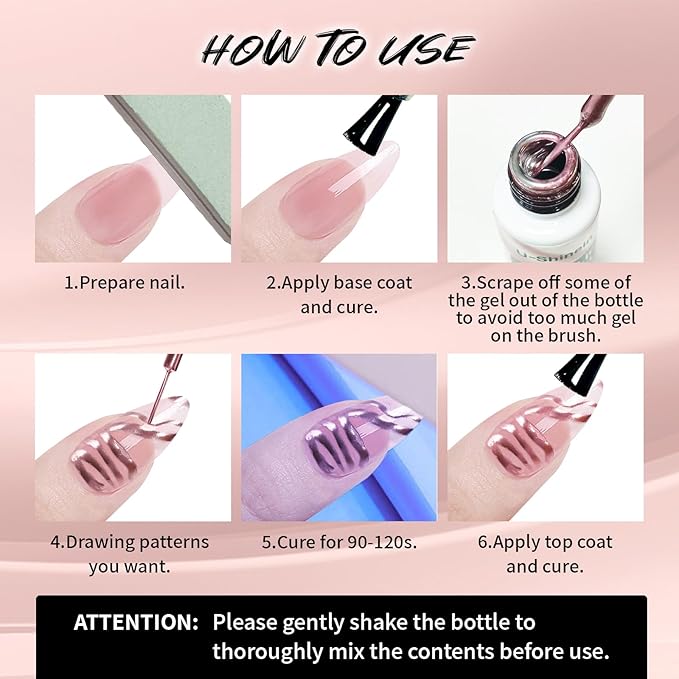 12ml Metallic Painting Gel Liner Nail Art 3D Mirror Chrome Effect Metal Painted Drawing Build in Thin Brush Soak Off UV/LED Rose Gold Striper Gel for Salon DIY Manicure