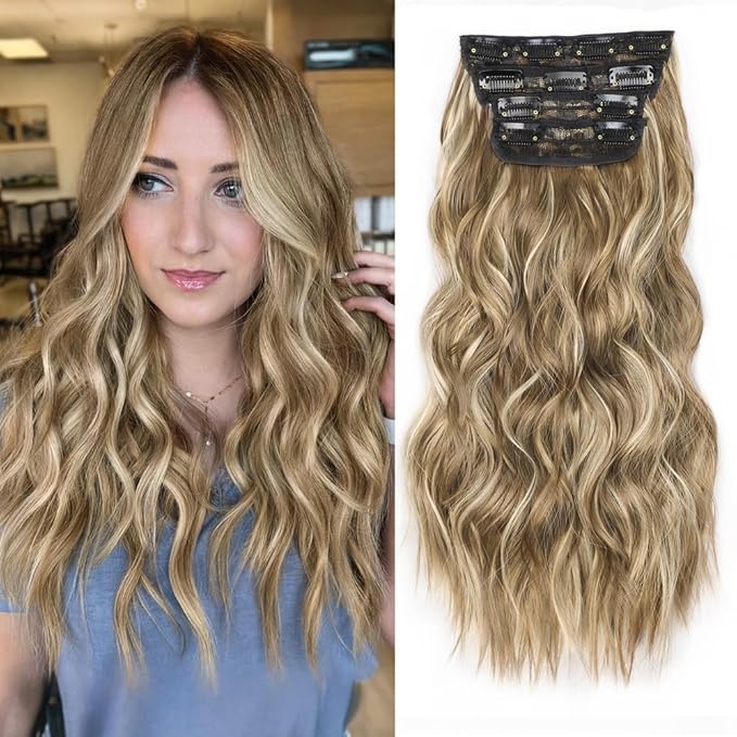 ALXNAN Clip in Long Wavy Synthetic Hair Extension 16 Inch Brown with Blonde Highlights 4PCS Thick Hairpieces Fiber Double Weft Hair for Women