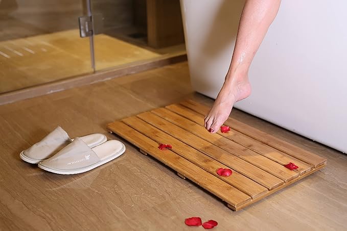 GOBAM Bamboo Bath Mat, Large, 26 x 15.8 x 1.3 inches - Non-Slip - Floor Mat for Bathroom, Spa, Sauna, Kitchen, Indoor & Outdoor Spaces, Shower Mat for Bathroom Decor - Natural