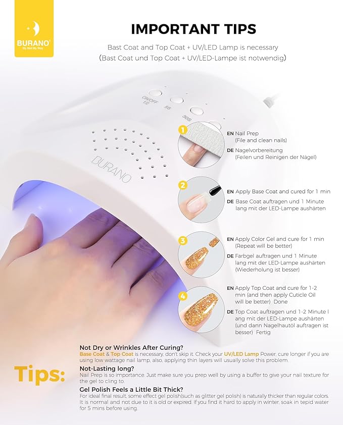 BURANO Glitter Gel Nail Polish, LED UV Holographic Effect, No Chip Home DIY Salon (Gold LP40)