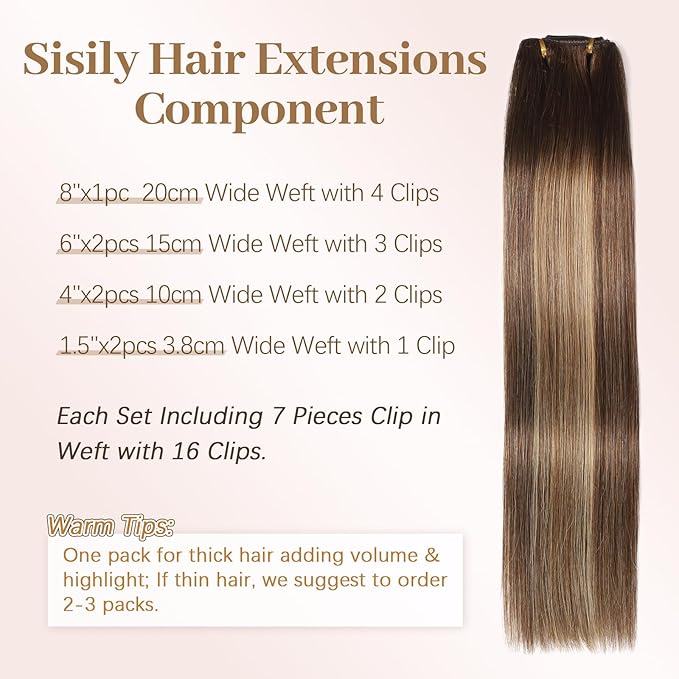 Sisily Clip in Hair Extensions Real Human Hair, 12 inch 70g, Chocolate Brown to Blonde Balayage, 100% Brazilian Remy Human Hair Clip in Extensions Soft Straight 7pcs Per Set with 16 Clips Double Weft