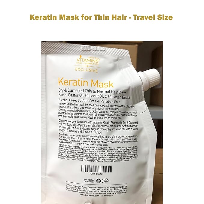 VITAMINS hair cosmetics Keratin Thin Hair Leave-In Conditioner & Hair Mask Travel Kit - Hydrating No Rinse Cream & Deep Conditioning Hair Mask for Thin Fine Hair - Pro Salon Care for Dry Damaged Hair