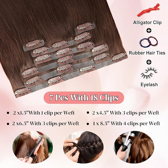Seamless Clip in Hair Extensions Real Human Hair For Women 125g 20 Inch Chocolate Brown Invisible PU Skin Weft Remy Human Hair Extensions clip ins 7Pcs 18 Clips