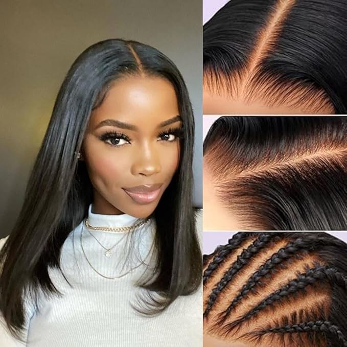 LICHANG 16 Inch 13x4 HD Lace Straight Bob Wig Human Hair 180 Density Short Straight Frontal Bob Wigs for Women