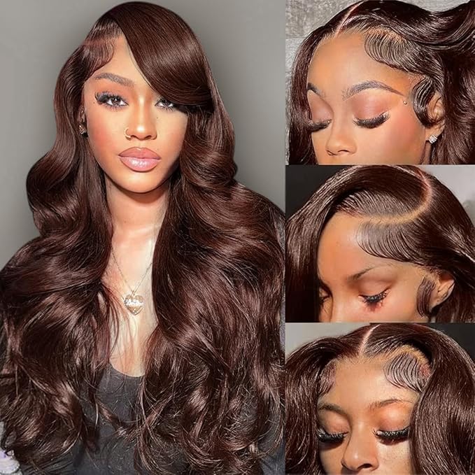 26 Inch Chocolate Brown Lace Front Wig Human Hair 200% Density 13x6 Body Wave Lace Front Wigs HD Transparent Glueless Wig Pre Plucked With Baby Hair 4# Brown Wig For Women