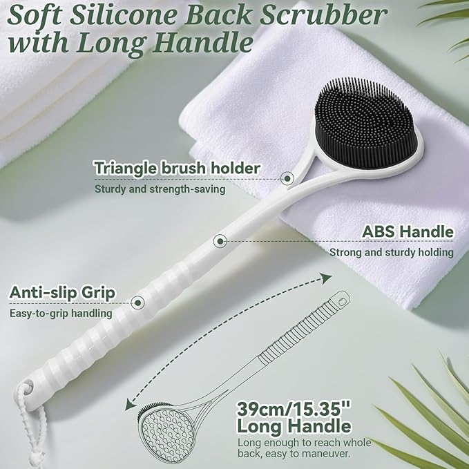 Silicone Back & Body & Face Scrubbers Set 4PCS, 15.35’’ Soft Back Scrubber for Dual-Side Usage, Easy-to-Hold Bath Glove Body Scrubber Face Scrubber for Good Foaming & Deep Cleaning(Black)