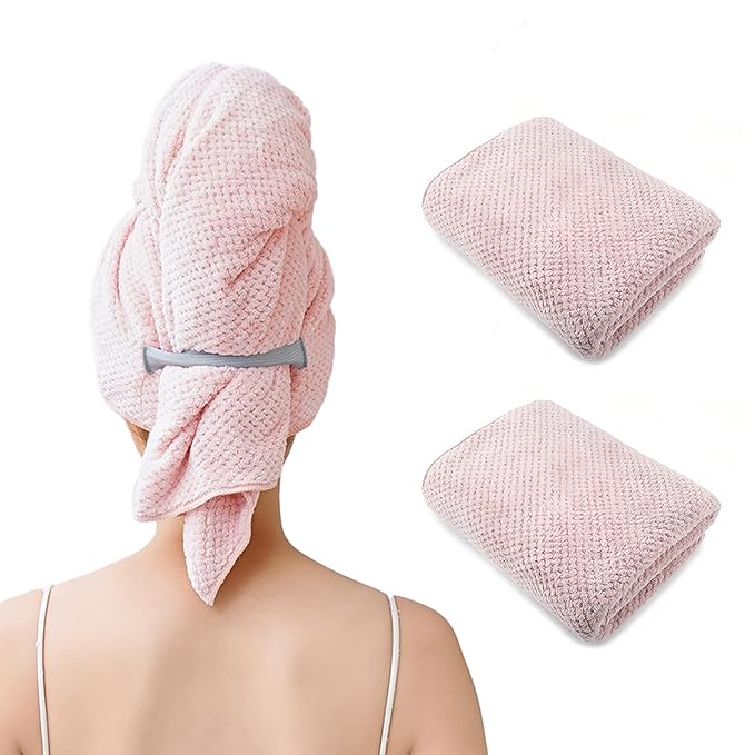 2 Packs Large Microfiber Hair Towel for Women,Fast Drying Hair Wrap for Curly Hair,Super Absorbent and Soft Towel for Long 24 * 42 inches (Pink&Pink)
