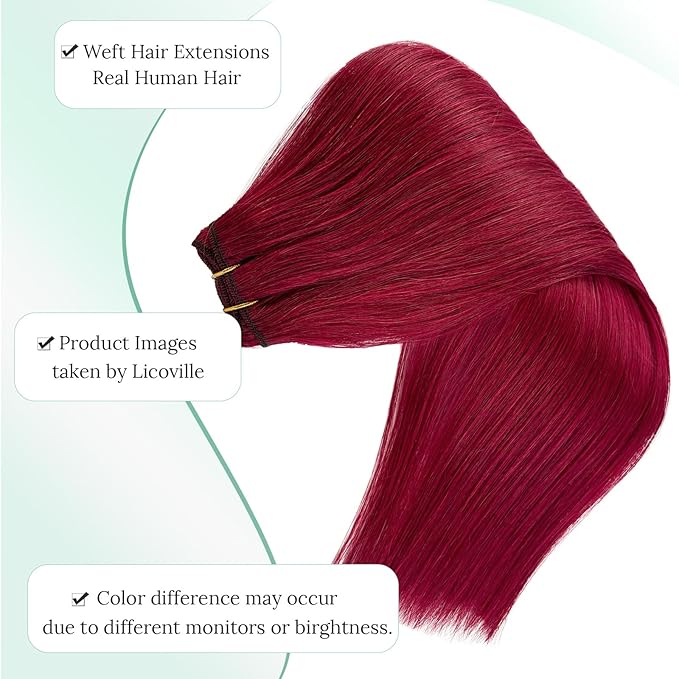 Burgundy Sew in Weft Hair Extensions Human Hair, 24 Inch 120G Long Straight Human Hair Bundles Double Weft Burgundy Wine Red Hand Tied Hair Extensions Real Human Hair Sew in for Women