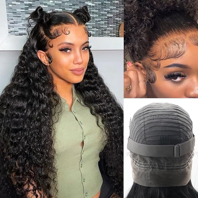 Hidden Strap 360 Deep Wave Lace Front Wigs Human Hair 220% Density 360 Glueless Wigs Human Hair with Drawstring 360 Deep Wave Curly HD Full Lace Front Wigs Human Hair Pre Plucked 18 inch