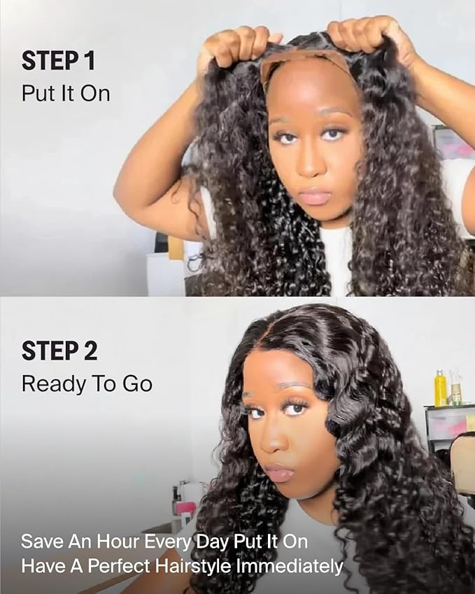 Wear and Go Glueless Curly Wigs Human Hair Pre Cut 6X5 HD lace Closure Deep Wave Wig Human Hair 220% Density Curly Human Hair Wig Pre Plucked Pre Put Baby Hair With Natural Hairline 24 Inch