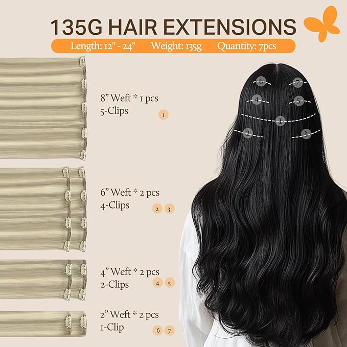 DOORES Hair Extensions Clip in Human Hair, Ash Blonde Highlighted Platinum Blonde 135g 7pcs 16 Inch, Thick Clip in Extensions Remy Natural Straight Weft for Girl