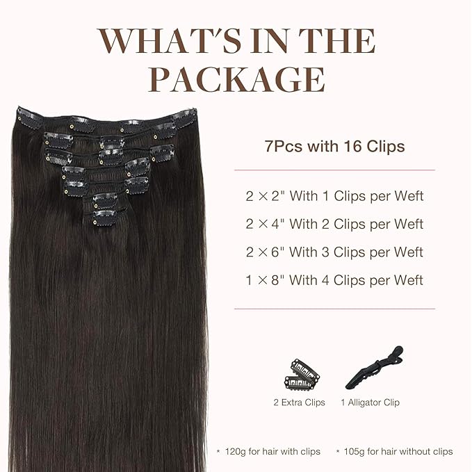 GOO GOO Clip in Hair Extensions Real Human Hair, Remy Human Hair Extensions Clip ins for Women, Natural Human Hair, 20inch 120g 7Pcs, 2 Dark Brown