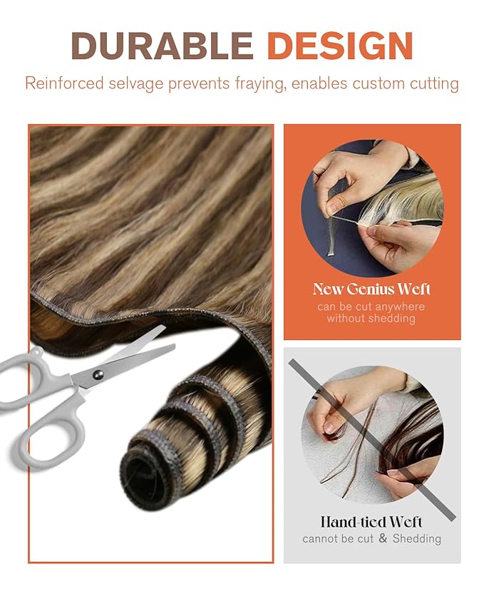 Sunny Hair Genius Weft Hair Extensions Human Hair Brown Highlights 24inch Hand Tied Sew in Hair Extensions Real Human Hair Dark Brown Mix Caramel Blonde Genius Weft Extensions for Women Real Hair