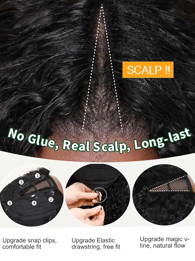 Julia Hair V Part Human Hair Wig Kinky Straight for Women Glueless Wigs Brazilian Virgin Human Hair Wigs Upgrade Upart Wig No Leave Out No Glue No Sew Natural Black Beginner Friendly 24 Inch