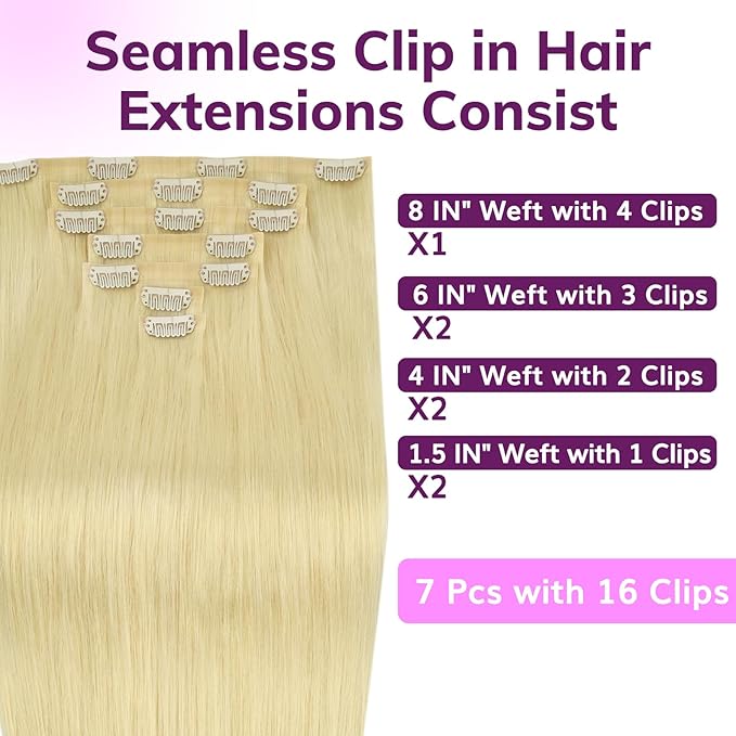 IDN BEAUTY Seamless Clip In Hair Extensions Human Hair, 110g 14 Inch, 613 Blonde Straight Remy Hair Seamless Clip Ins For Black Women PU Weft Invisible Edge 7pcs Thick Enhancement