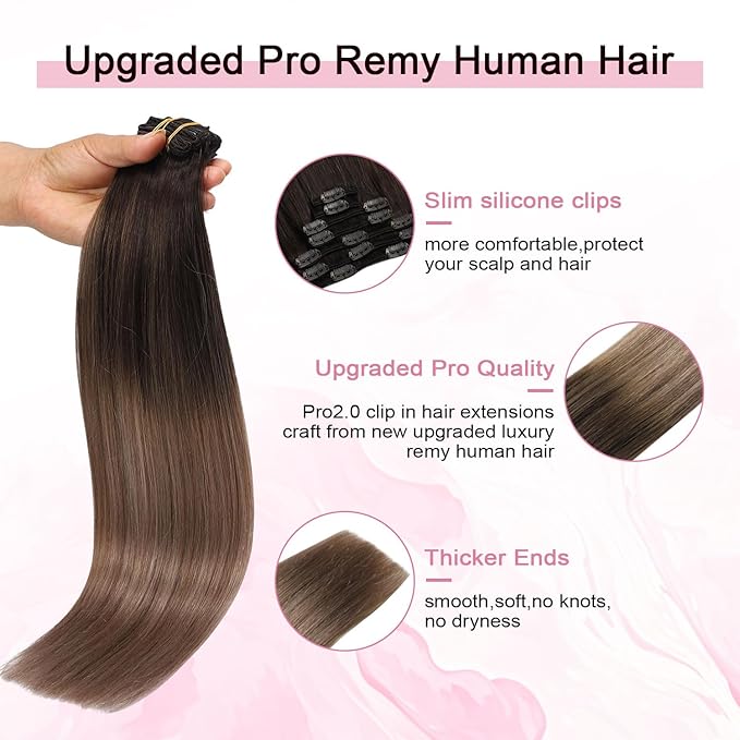 Pro2.0 Remy Clip in Extensions Real Human Hair Color #2/6/18 Dark Brown to Dirty Blonde Remy Clip in Hair Extensions Real Human Hair 18inch 120g Thick 7pcs Double Weft（#2/6/18-18inch）
