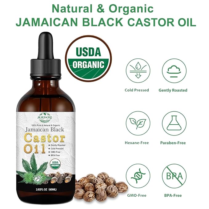 Organic Jamaican Black Castor Oil in Glass Bottle Cold Pressed Hexane Free, 100% Pure Natural Hair Strengthening Oil, Black Castor Oi for Hair Growth Eyelashes Eyebrows (2oz/60ml)