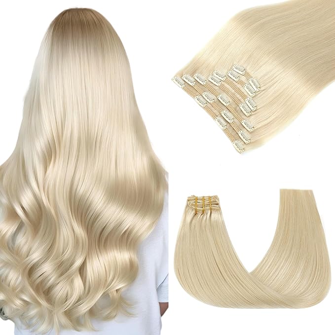 Clip In Hair Extensions Real Human Hair, Platinum Blonde 18inch 160g 7pcs Real Human Hair for Women (#60-18inch)