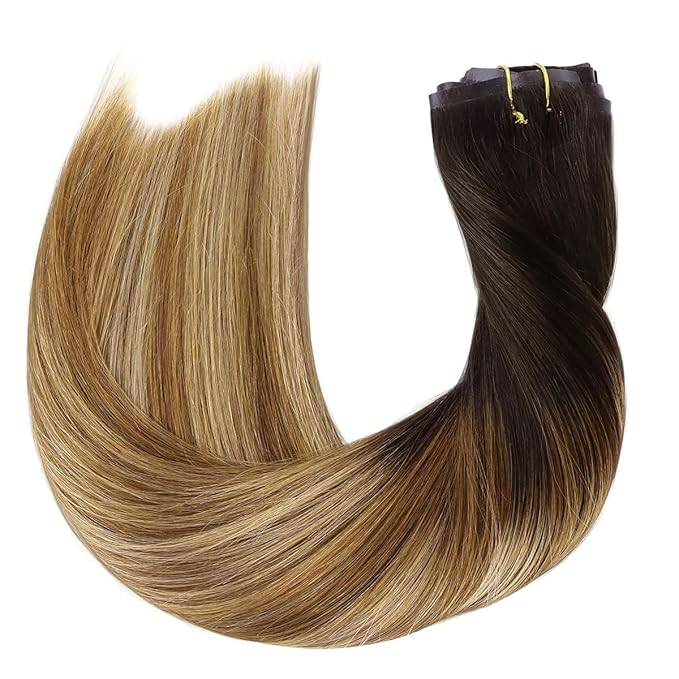 HOTBANANA Seamless Clip in Hair Extensions Balayage Ombre Brown to Dirty Blonde (Warm Tone) 20 inch 150g 7pcs Clip in Remy Human Hair Extensions Straight Hair Invisible PU Skin Weft