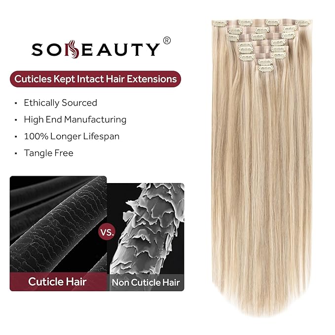 Clip in Hair Extensions Real Human Hair Seamless Clip Ins 100% Remy Hair Extensions PU Weft Golden Blonde Mix Light Blonde Thick&Invisible #P16A/22A 20Inch 120G 8PCS