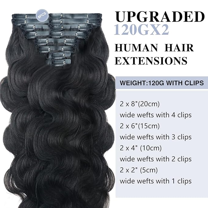 2 Pack 240g Body Wave Clip in Hair Extensions Real Human Hair 16 Pcs Seamless Clip ins for Women Full Head with PU Skin Weft 15A Remy Human Hair 14inch Natural Black