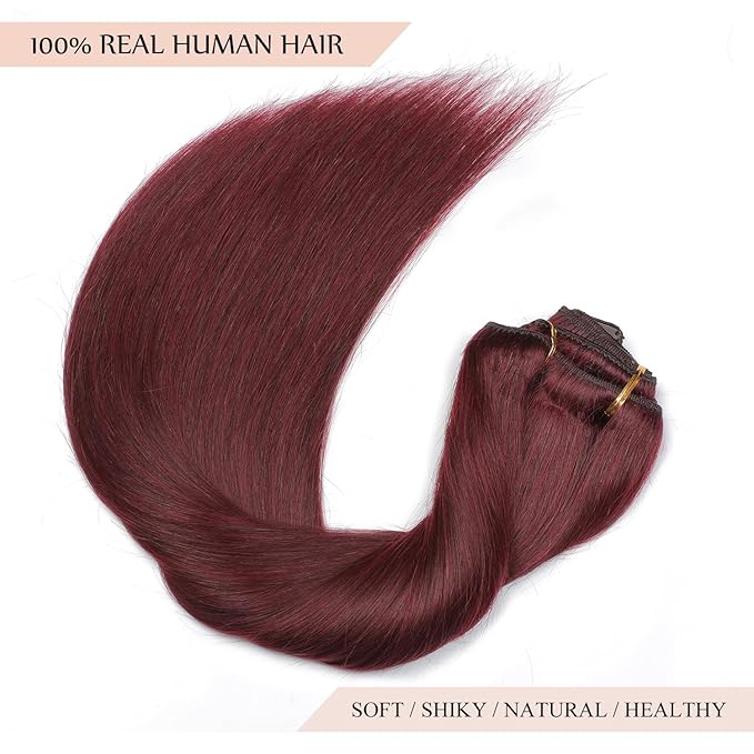 Sisily Clip in Hair Extensions Real Human Hair, 24 inch 180g, Burgundy Red, 100% Brazilian Remy Human Hair Clip in Extensions Soft Straight 7pcs Per Set with 16 Clips Double Weft