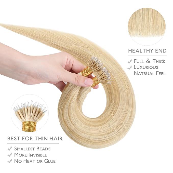 WENNALIFE Nano Bead Hair Extensions, 50g 50s 18 Inch Human Hair Light Blonde Highlighted Golden Blonde Real Invisible Nano Ring