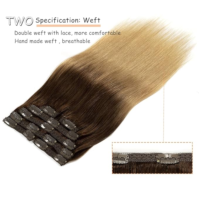 Caliee Human Hair Clip in Extensions Ombre T3-12 Darker Brown Fading to Light Golden Brown Hair Extensions Clip in Human Hair 14 Inch 7 PCS 120 G Natural Straight Invisible Lace Weft Soft