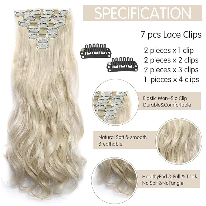 Clip In Hair Extensions Long Wavy 7 PCS Invisible Clip Thick Hairpieces Soft Full Head Synthetic Fiber for Women, 22 Inches (20Inch, 7pcs, Platinum Blonde)