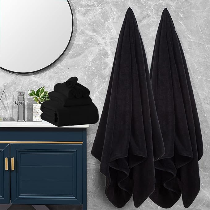 Jusney 4 Pcs Oversized Bath Towels Extra Large 35x70 Inches Black Bath Sheets Towels for Adults Microfiber Bathroom Towel Quick Dry Ultra Soft Absorbent Shower Towels Set Collection