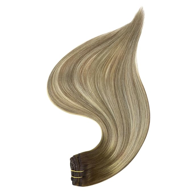 Full Shine Ombre Clip in Extensions Medium Brown to Ash Brown Mix Dirty Blonde 18 Inch Straight Clip in Hair Extensions Real Human Hair Invisible Lace Weft Clip ins Balayage Real Hair Extensions