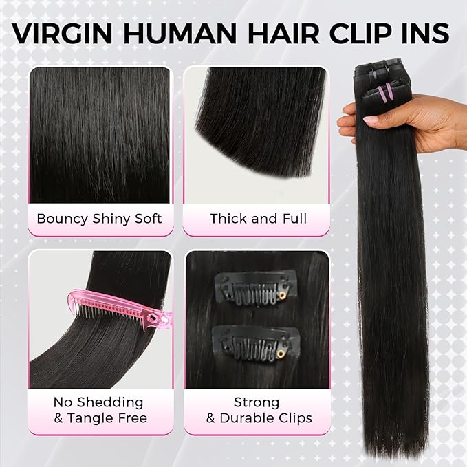Lashey Invisi Edge & Seamless Clip in Hair Extensions Human Hair, 16 Inch 130g 9pcs(5pcs Invisi Edge& 4pcs Seamless) Real Virgin Human Hair Extensions, Natural Black Straight Hair