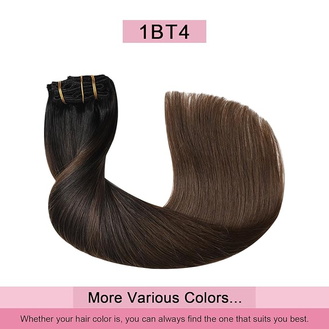 Pro2.0 Clip in Hair Extensions Real Human Hair 20inch 7pcs Color #1BT4 Natural Black Fading to Middle Brown Remy Real Human Hair Extensions Clip ins 120g Thick Double Weft（#1BT4-20inch）