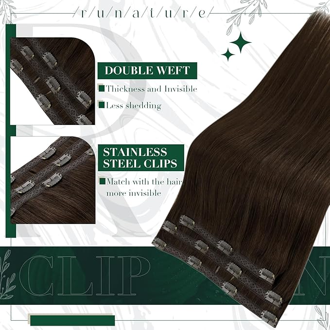 RUNATURE Clip in Extensions Real Human Hair, Brown Hair Extensions Clip Ins for Women, Remy Human Hair Clip in Extensions Double Weft Natural Hair 14 Inch 50g 3pcs #2 Dark Brown