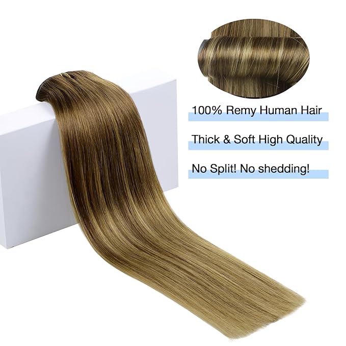 DOORES Remy Human Hair Extensions Clip in, Medium Brown Highlighted Dirty Blonde 22 Inch 7pcs 120g, Clip in Hair Extensions Real Natural Hair Extensions Straight Thick