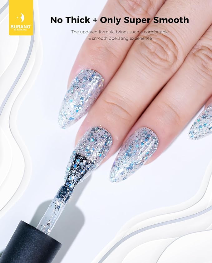 BURANO Glitter Gel Nail Polish with LED UV Curing, Sparkle Gel Holographic Effect, Soak off, No Chip Home DIY Salon (Silver LP19)