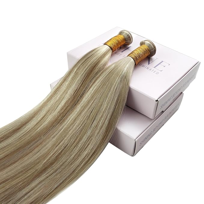 Fshine Genius Weft Real Human Hair Extensions for Women Color#16P22 Ash Blonde and Golden Blonde 16 Inch 50g Highlight Hair Bundle Sew in Human Hair Extensions Human Hair Genius Weft