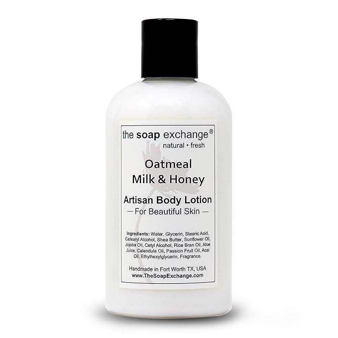 The Soap Exchange Body Lotion - Oatmeal, Milk & Honey Scent - Hand Crafted 8 fl oz / 240 ml Natural Artisan Skin Care for Hand, Face, & Body, Moisturize, Hydrate, & Protect. Made in the USA.