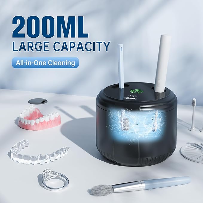 45kHz Ultrasonic Retainer Cleaner, Dental Cleaning Pod for Mouth Guard, Invisalign, Aligner, Night Guard, Braces, Toothbrush, Jewelry, Powerful Denture Cleaner Machine with Digital Timer (Black)